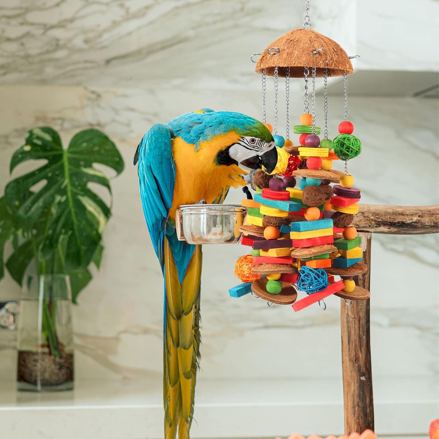Bird Parrot Toys Natural Large Parrot Blocks Toy Colorful Bird Chewing Toys with Bells for Macaw Cockatoo African Grey Parakeets (Multicolor 01)