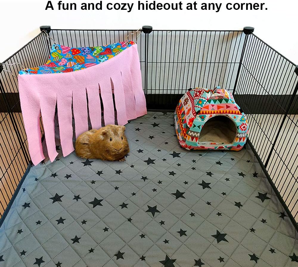 RIOUSSI Guinea Pig Hideout Hideaway Corner Fleece Toys Cage Accessories with Reversible Sides, Heart/Gray+Pink x 1 Curtain
