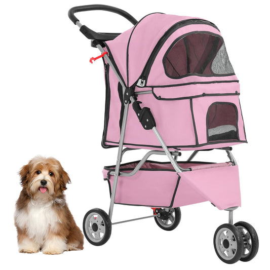 3-Wheels Pet Strolling Cart for Small Medium Dogs and Cats with Storage Basket,Holder, Foldable Pet Stroller with Waterproof Cover, Breathable Mesh for All-Season, Pink