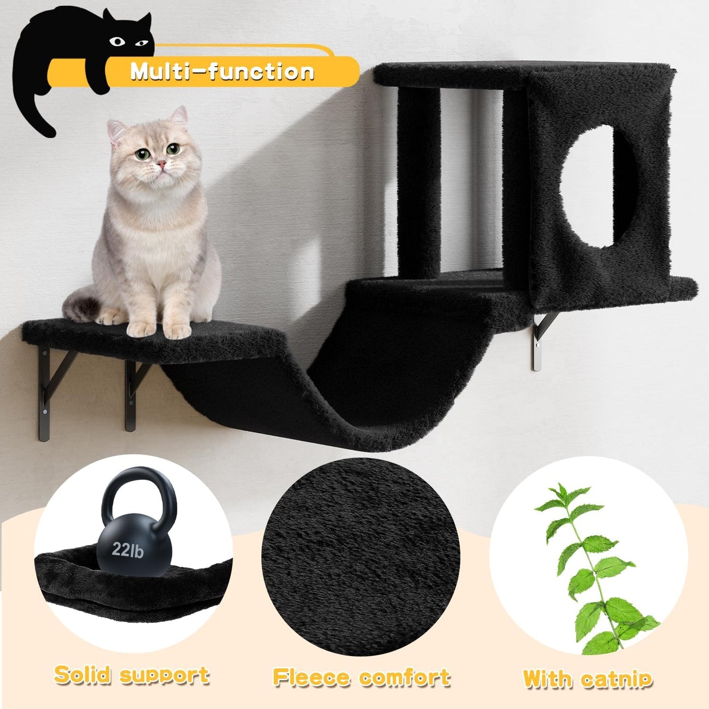 NUNU LAB Wall Mounted Cat Furniture, 6 Pcs Cat Wall Shelves with Condo House, Bridge, Steps, Scratcher, Hammock, Indoor Safe & Stable Furniture for Kittens Play, Black