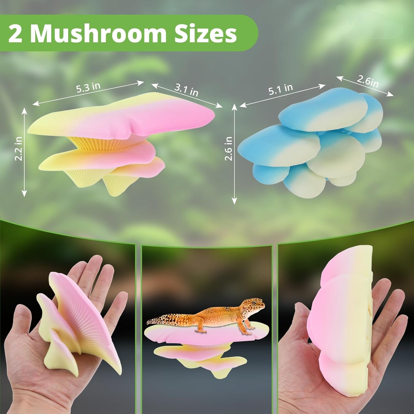Mushroom Decor for Reptile Tank, Fish Tank, Pet-Safe Bearded Dragon Tank Accessories, Realistic Terrarium Plants for Crested Geckos, Frogs (Rainbow Trio Cap, Randomly Shipped from 3 Styles)