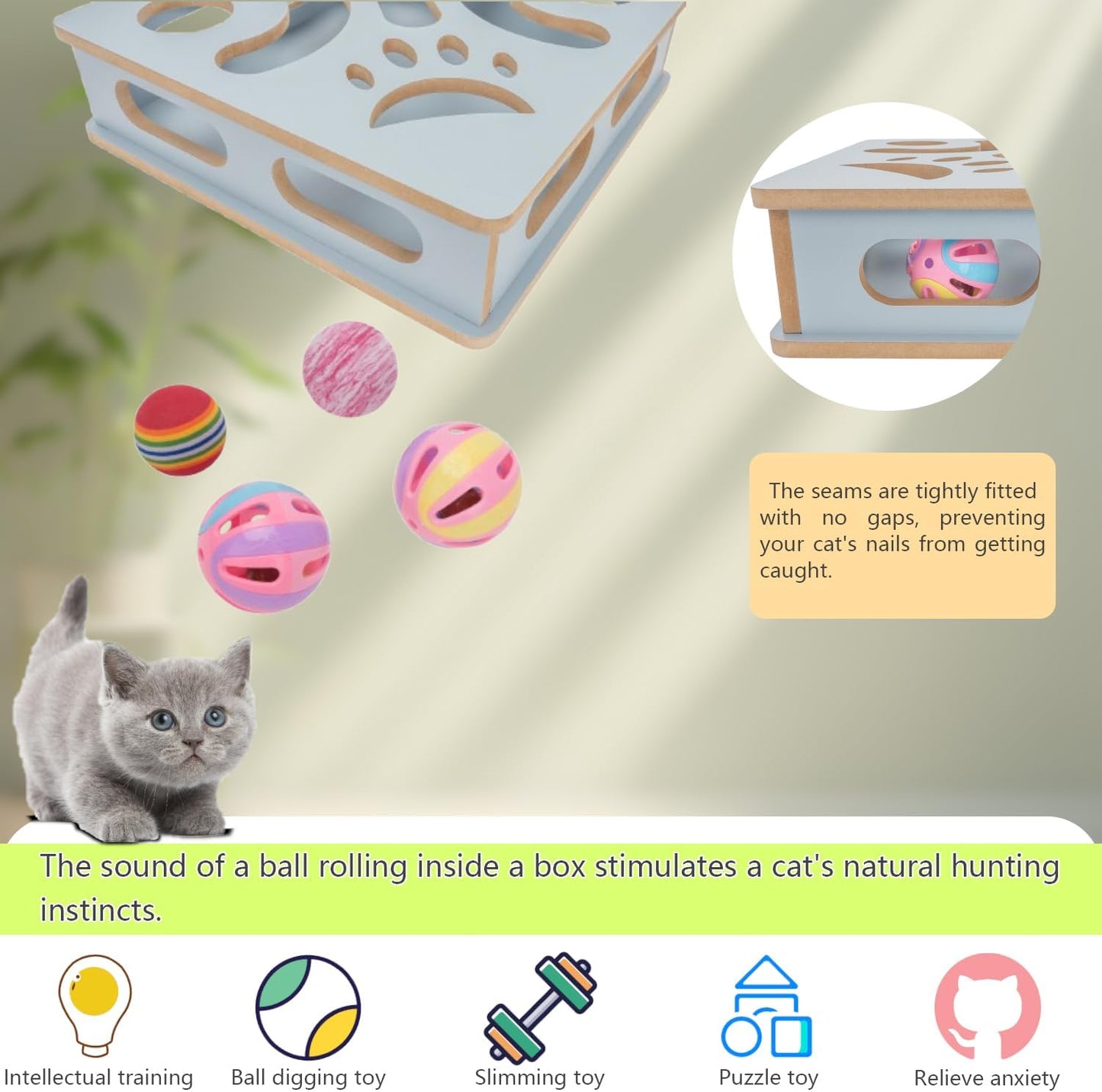 Interactive Wooden Cat Puzzle Toy Box Indoor Hunting Play Toy to Stimulate Your Cat’s Energy and Instincts (Blue)