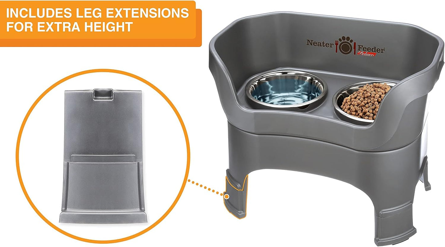 Neater Feeder Deluxe Mess Proof Dog Bowls Elevated for Large Dogs – Made in USA – No Spill Raised Dog Food Bowl Stand w/Leg Extensions – Stainless Steel Dog Food and Water Bowl Set – Grey