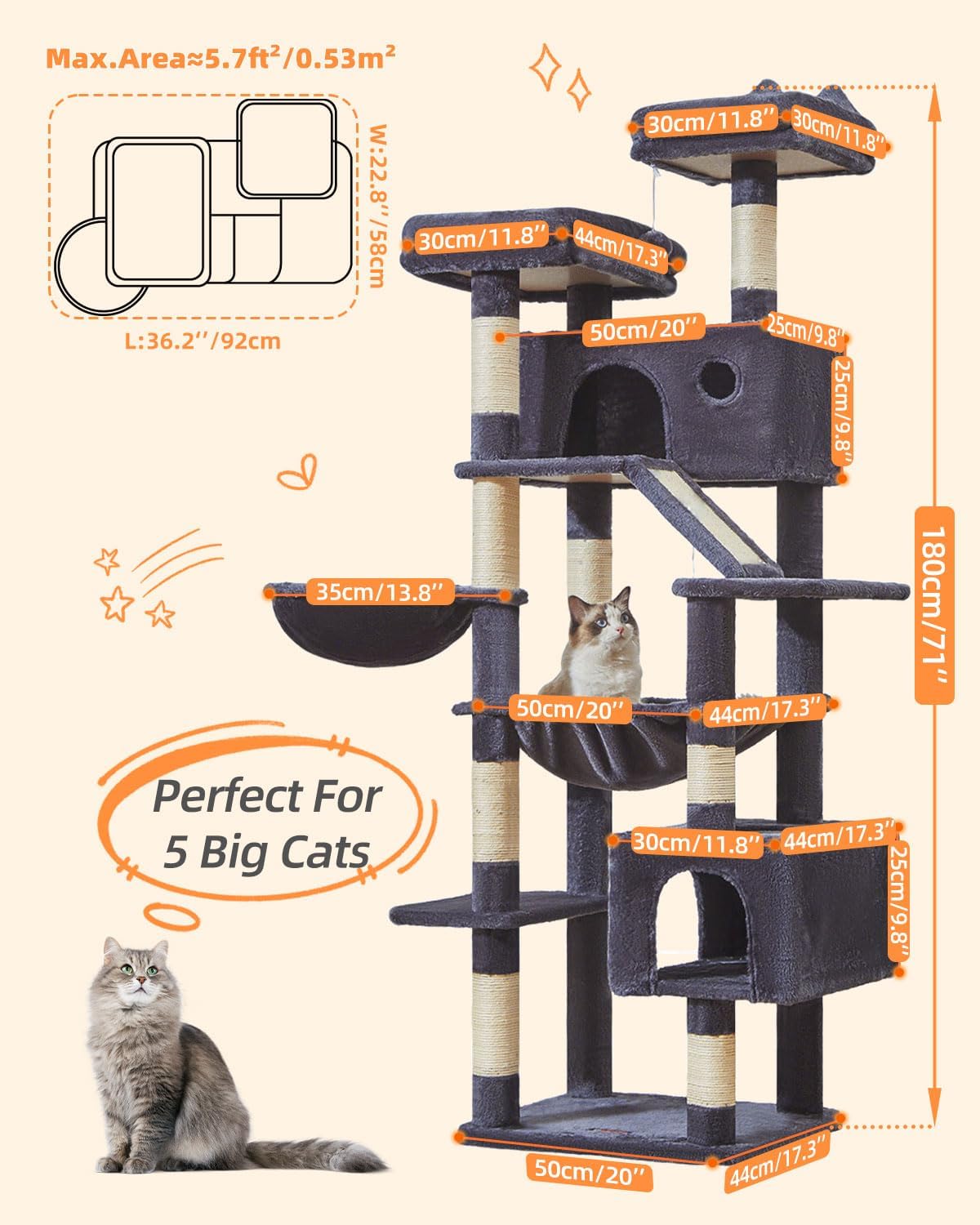 Taoqimiao Cat Tree 71-Inch, Cat Tower for Indoor Cats Large Adult, Multi-Level Large Cat Condo, 8 Sisal Scratching Posts, Metal Frame Cozy Hammock, Scratch Board, 2 Top Perches, Smoky Gray MS026LG