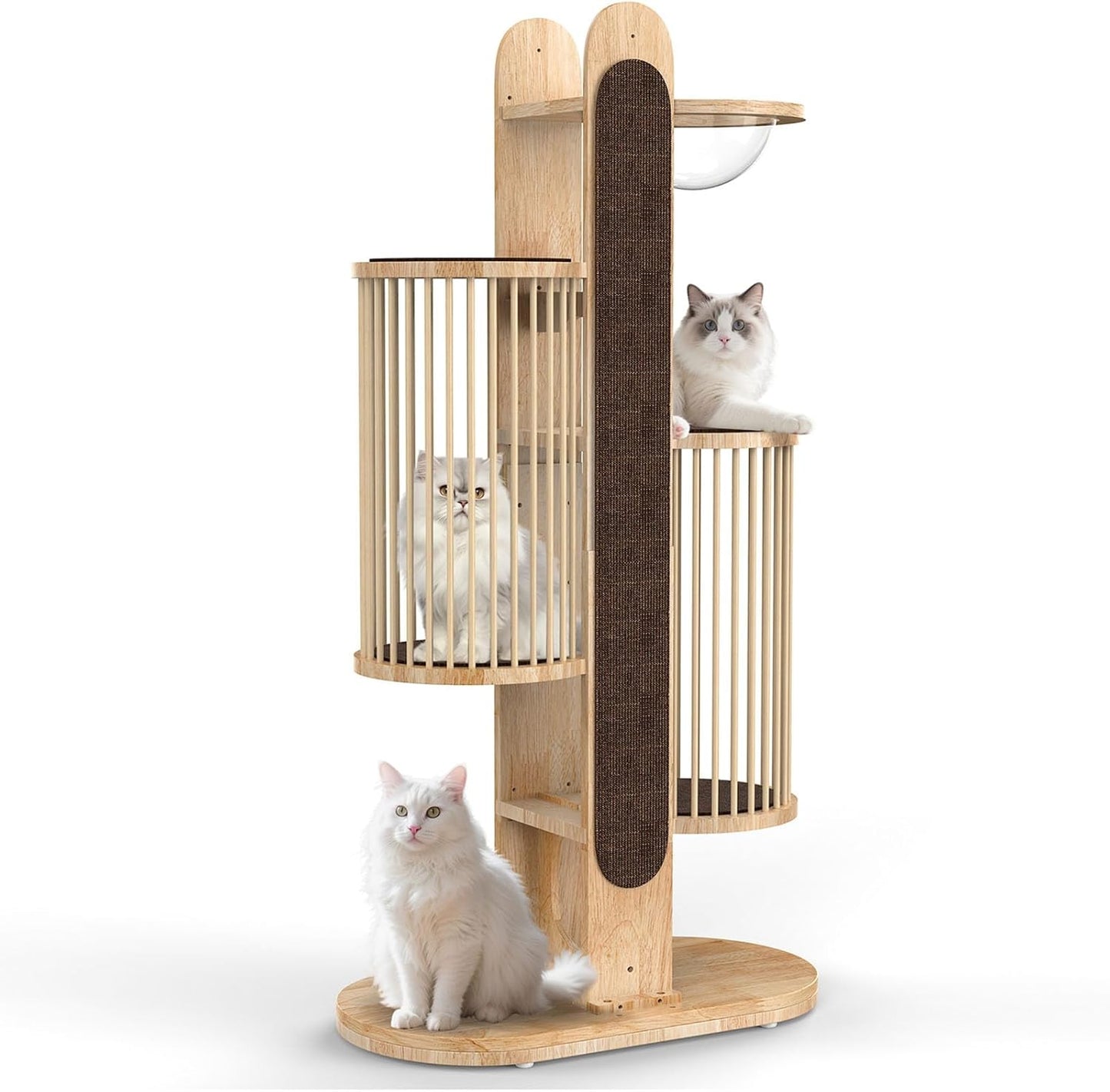 Modern Cat Tree Tower for Indoor Cats, 67" Tall Solid Wooden Cat Tower with Scratching Posts, 6 Level Natural Luxury Cat House with Big Bed, Washable Cushions Cat Furniture for Large Cats Brown