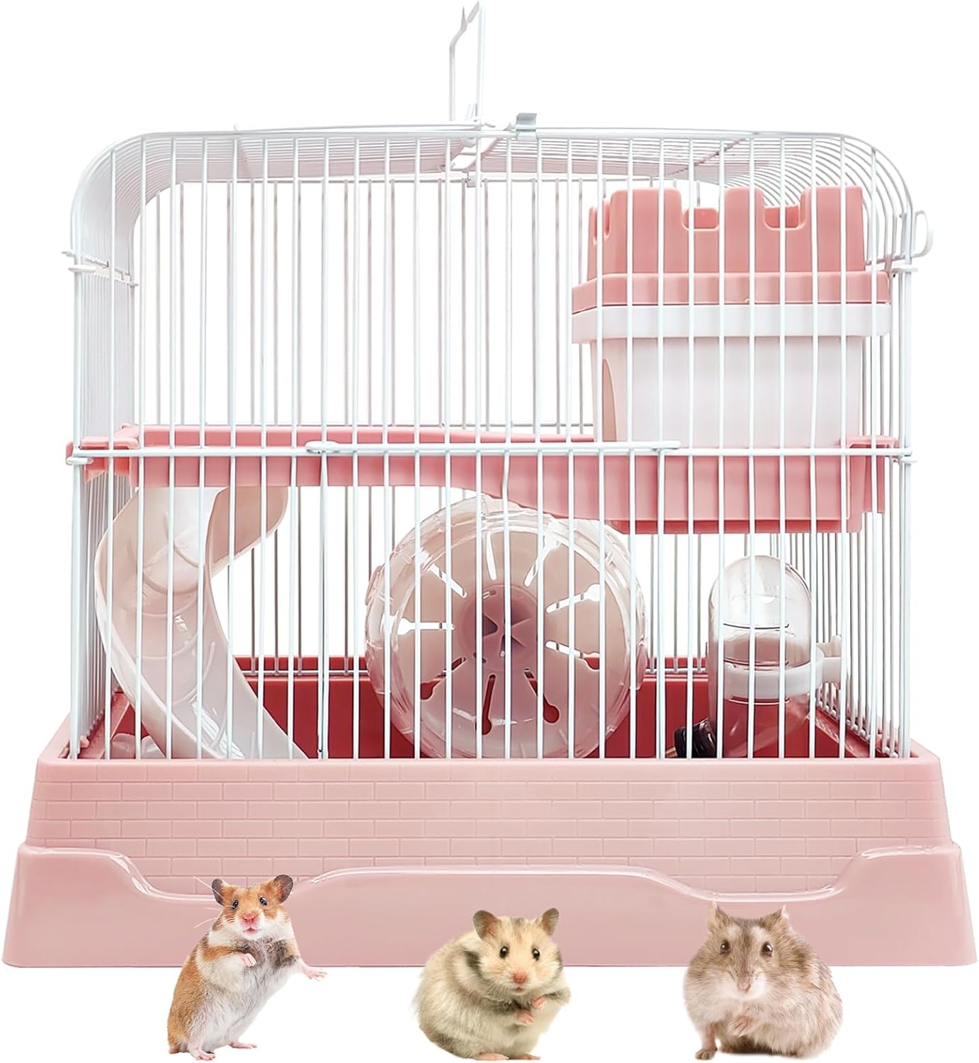 PINVNBY 2-Tier Dwarf Hamster Cage, Travel Portable Mouse Cage Gerbil Cages and Habitats Small Animal Carrier with Castle House Running Exercise Wheels, Water Bottle and Food Dis