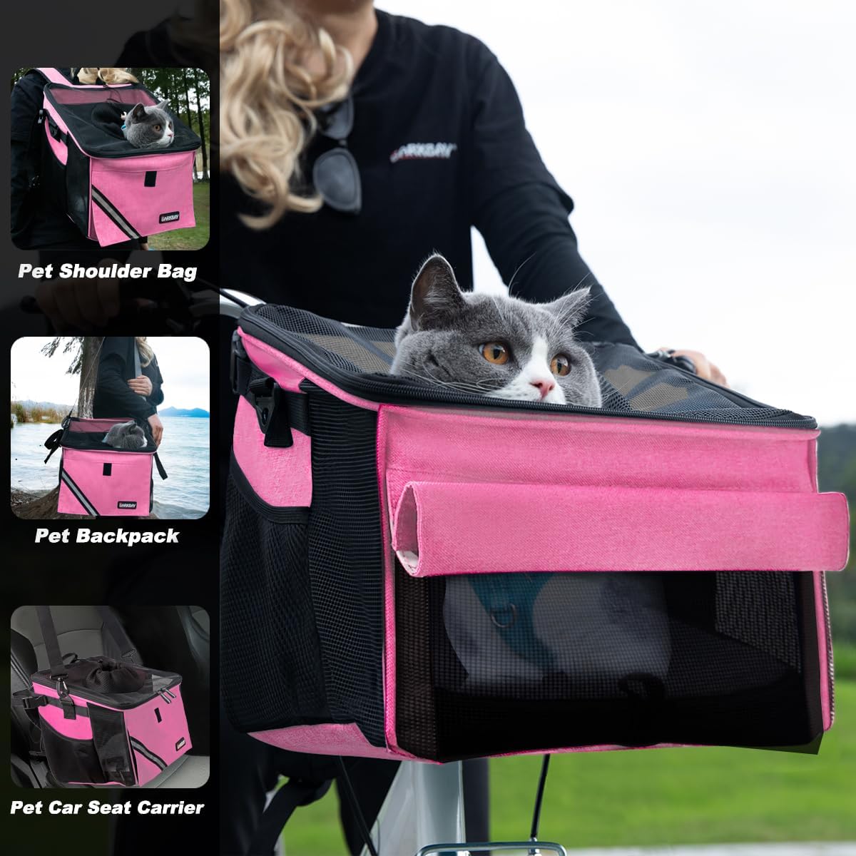 Pet Carrier Bicycle Basket Bag Pet Carrier/Booster Backpack for Dogs and Cats with Big Side Pockets,Comfy & Padded Shoulder Strap,Travel with Your Pet Safety（Pink Carnation）