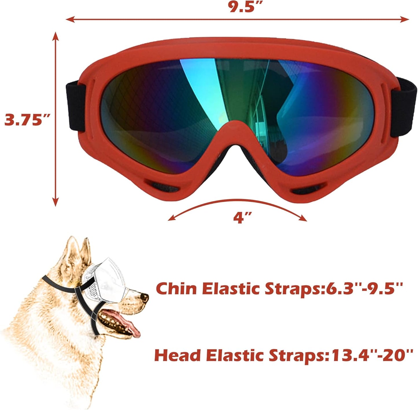 Winproof Adjustable Strap Dog Sunglasses, UV Protection, Soft Goggles (Red Frame)