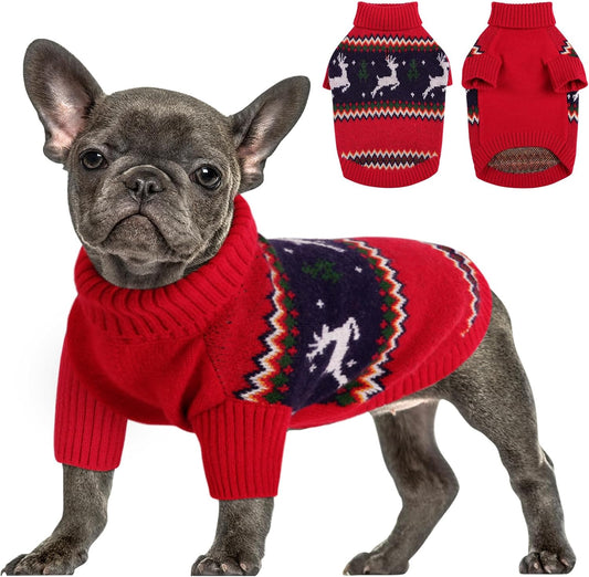 Queenmore Christmas Sweater, Knitted Pullover Turtleneck Outfit for Dogs, Warm Clothes for Small Boys or Girls XS