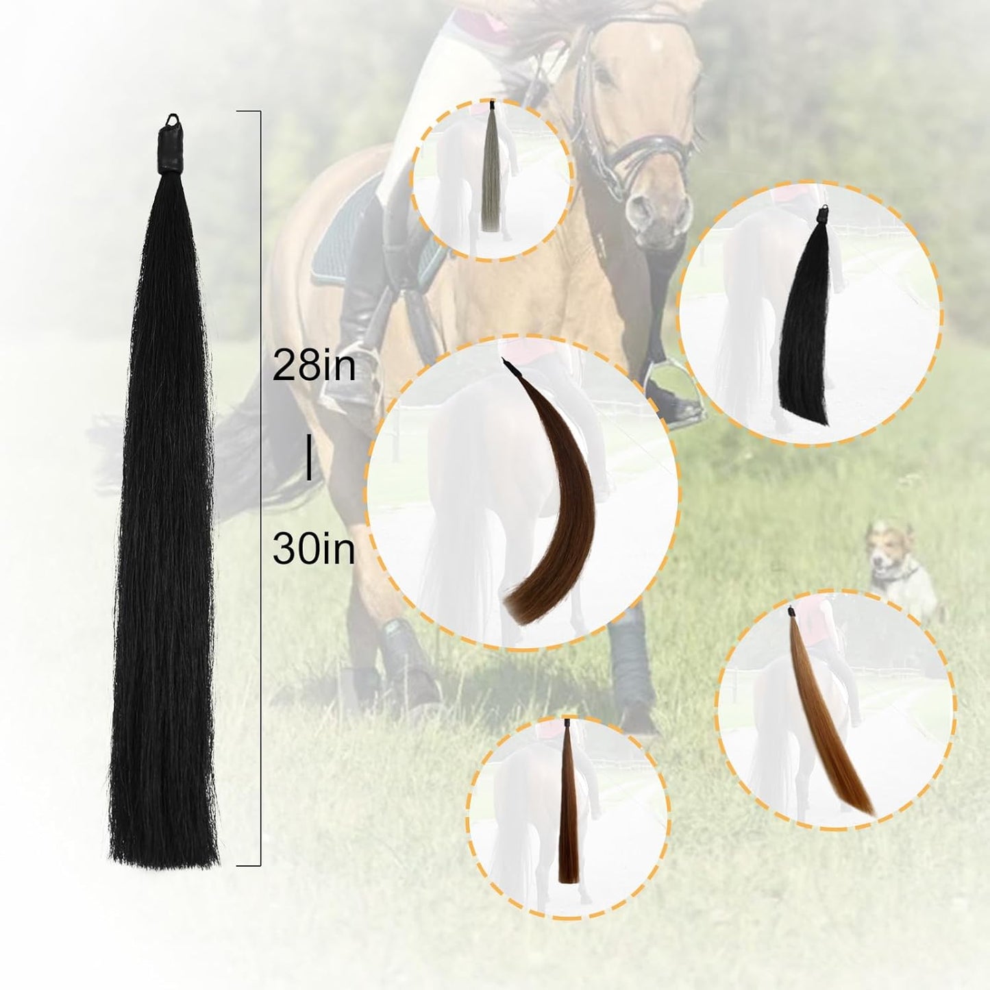Horse Tail Extension with Braided Horsehair Loop, Blunt Cut Bottom, 3/8 lb, 28-30 inches (Jet Black)