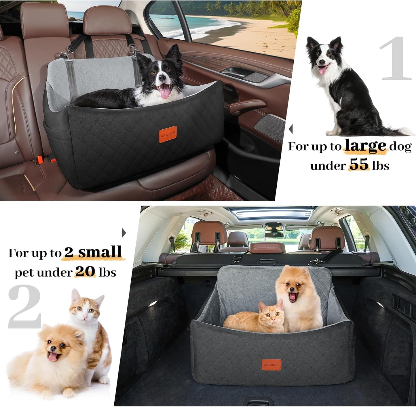 Dog Car Seat for Medium & Large Dogs Up to 55lbs, Memory Foam Cushion, Washable Cover, Safety Straps & Non-Slip Base(Black/Grey,Large)