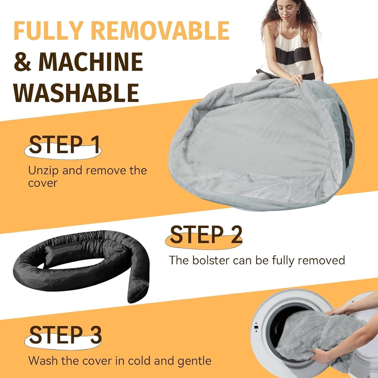 Orthopedic Washable Large Dog Bed: Cooling Dog Bed with Bolsters - Jumbo Bed Waterproof Removable Cover Non-Slip Pet Bed for Extra Large Sized - Silver