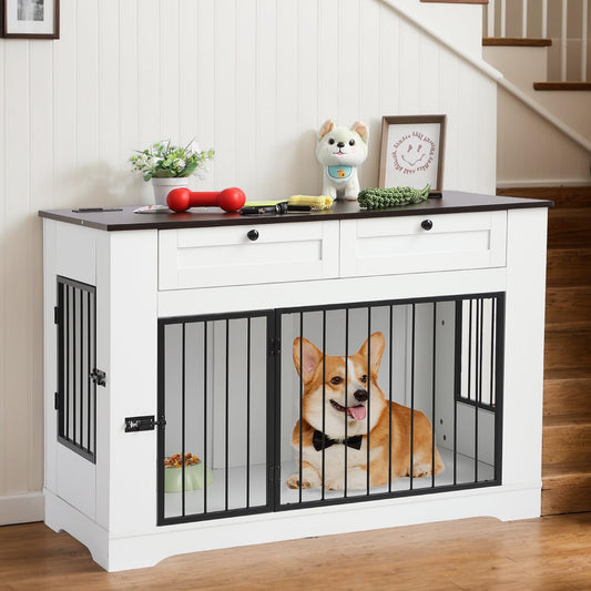 Large Dog Crate Furniture-Decorative Heavy Duty Dog Cage Indoor, Wooden Dog Cage End Table with Charging Station, Dog House with 2 Drawers (White, 47.2''L)
