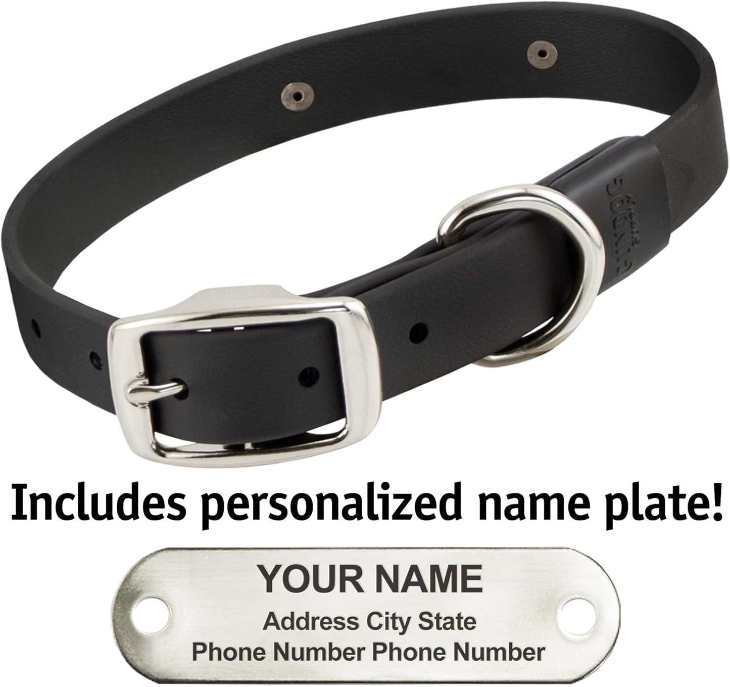Biothane Custom Dog Collar – Waterproof, Stink-Proof Personalized Collar with Name & Phone Number – Durable, Many Sizes and Colors – Assembled in USA (Black)