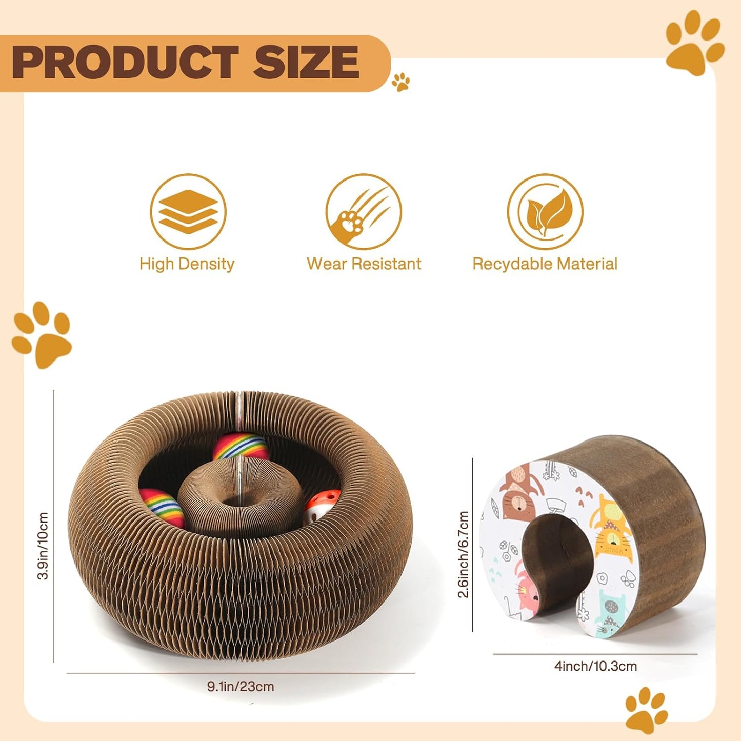 Magic Organ Cat Scratcher Board with 3 Balls, Foldable Recyclable Accordion Cats Toy with Ball and Track Adventure, Cat Scratching Pad, Retractable Reversible Furniture Protector(Brown)