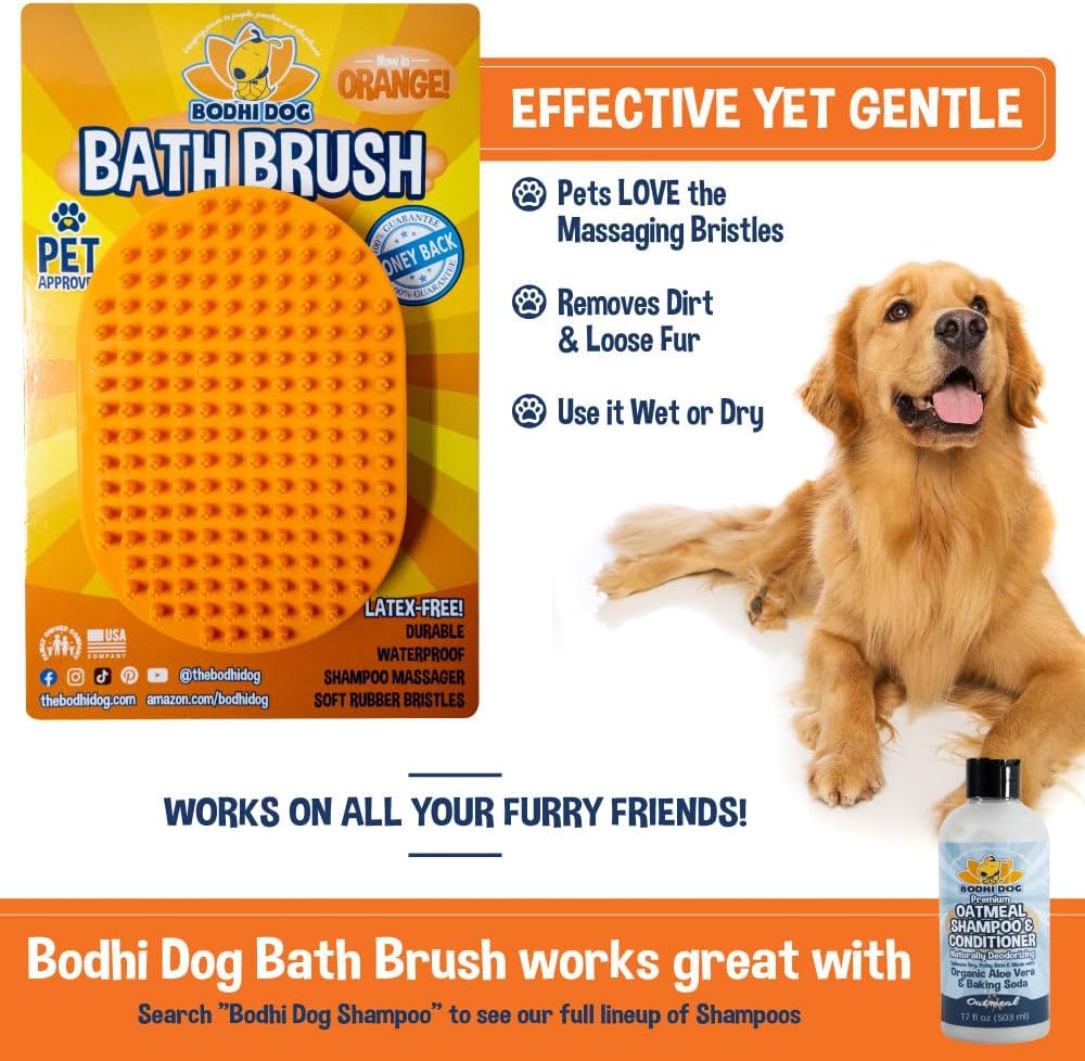 Bodhi Dog Shampoo Brush - Pet Grooming & Bath Supplies for Dogs and Cats - Bath Brush for Long & Short Hair - Premium Scrubber for Shower, Bathing & Massage (One Pack, Orange)
