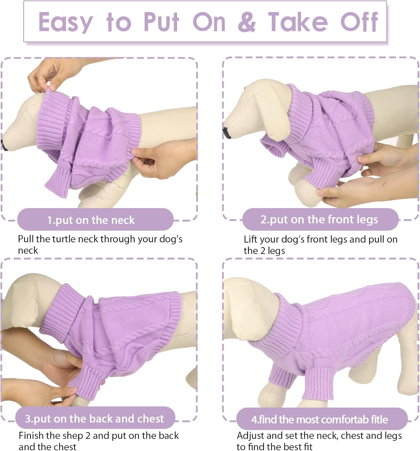 Queenmore Small Dog Pullover Sweater, Cold Weather Cable Knitwear, Classic Turtleneck Thick Warm Clothes for Chihuahua, Bulldog, Dachshund, Pug (Lilac, X-Small)