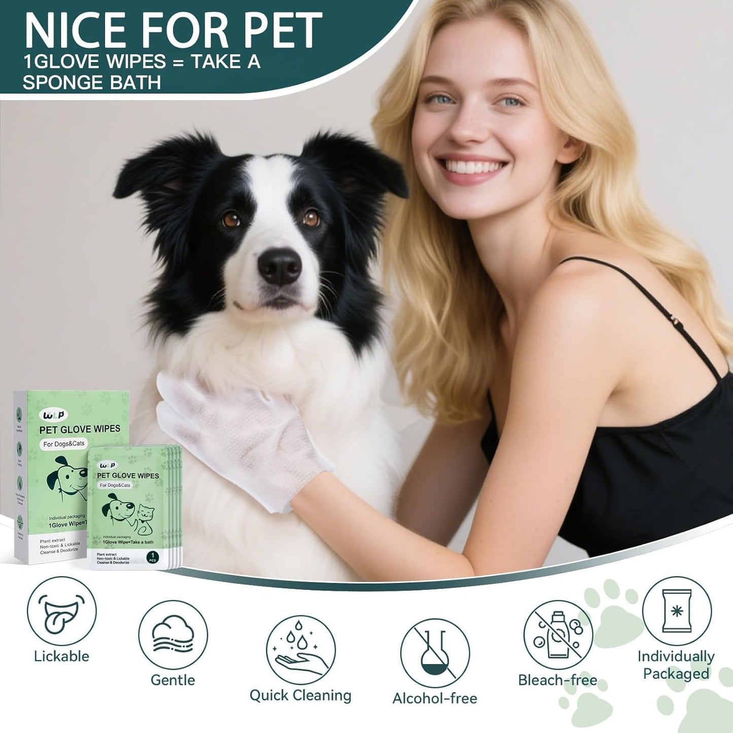 WLP 48 PCS Pet Cleaning and Deodorizing Glove Wipes for Dogs & Cats Hypoallergenic Pet Cleaning and Hydrating Glove Bath Wipes Enriched with Aloe & Jojoba Oil Individually Wrapped