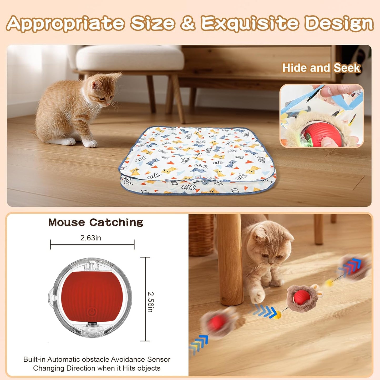 Rocfish Interactive Cat Toys Ball - Automatic Fast Rolling Ball in Play Mat, Hide and Seek Mouse Catching Game, Low-Noise Cat Enrichment Toys in Pouch for Indoor Bored Cats (Red Toy & Square Mat)