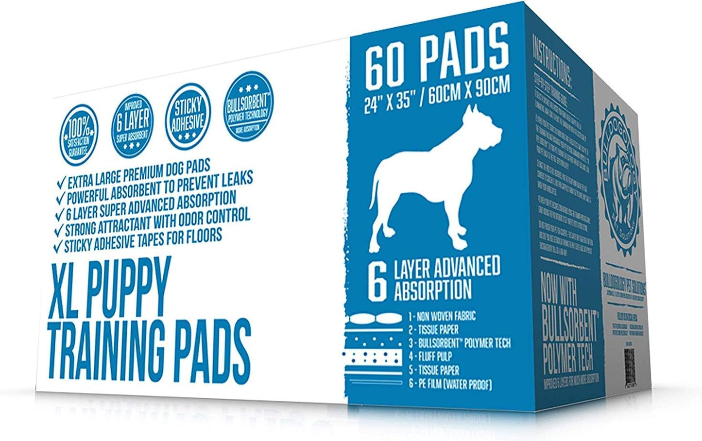 Bulldogology Puppy Pee Pads XL with Adhesive Sticky Tape - Extra Large Dog Training Wee Pads (24x35) 6 Layers with Extra Quick Dry Bullsorbent Polymer Tech (60-Count, White)