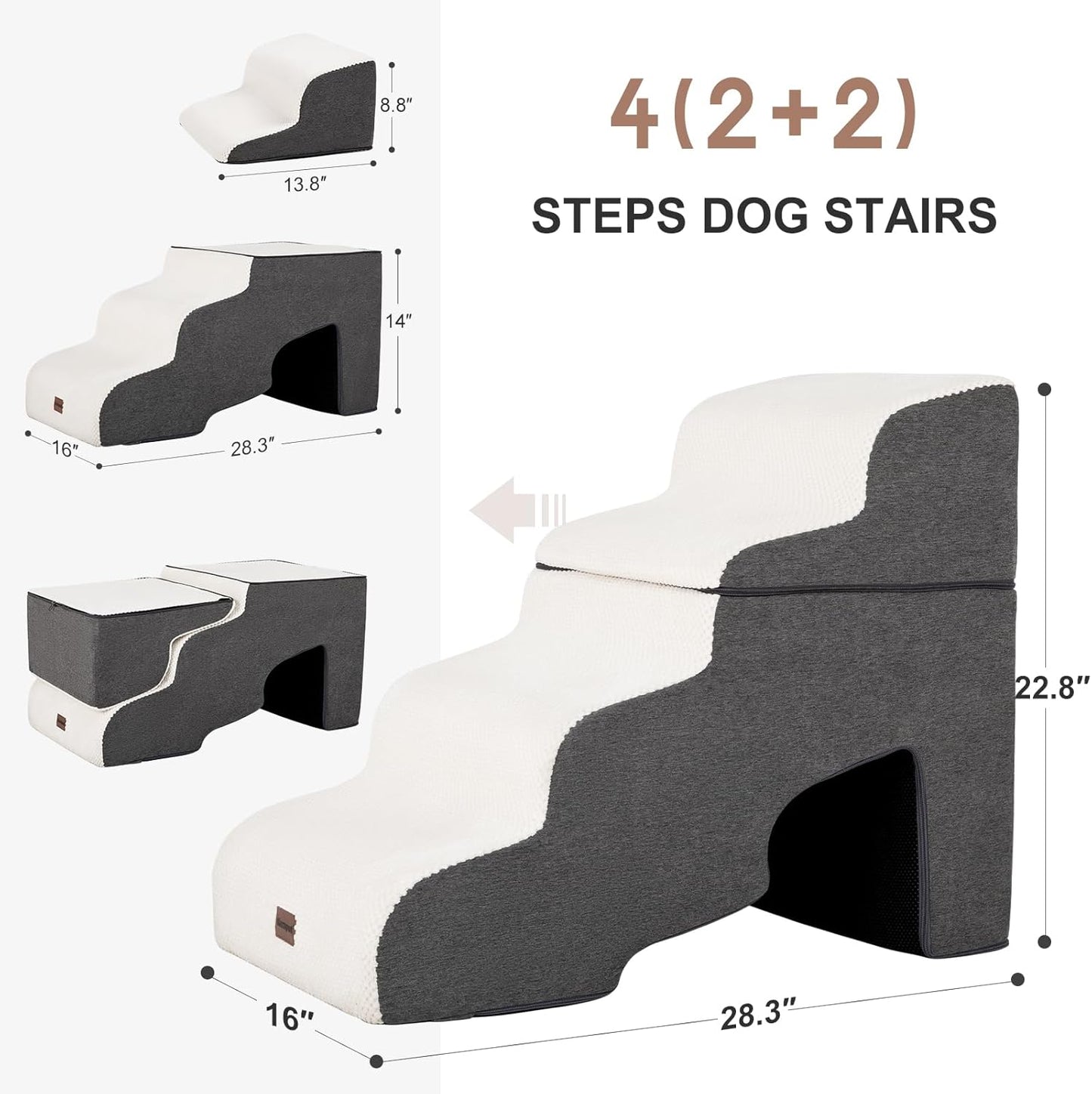 Dog Stairs for High Beds with Tunnel, 4-Step Dog Steps for Small Dogs and Cats, Foldable Pet Stairs for High Bed Climbing, Non-Slip Balanced Pet Step Indoor, Beige