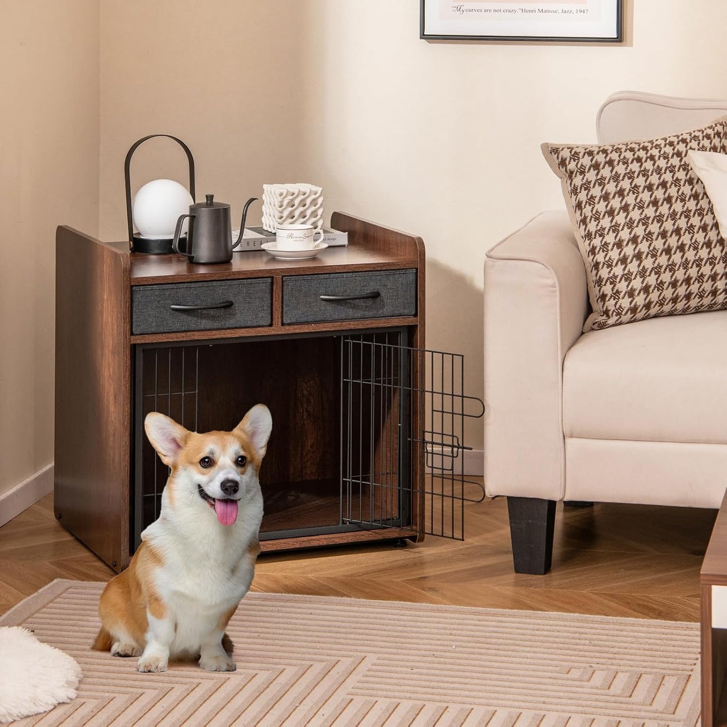 PETISITE Wooden Dog Crate with Lockable Door, Adjustable Foot Pads, 2 Fabric Drawers, Indoor Kennel Side Table for Small & Medium Dogs, 24.5 x 19.5 x 25 in