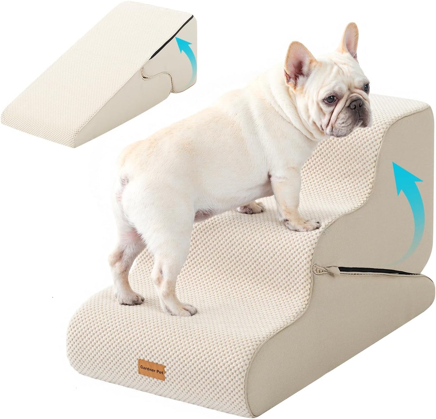 Gardner Pet Dog Stairs for Small Dogs 16.5" H, 2 in 1 Transformable 3-Step Pet Stairs and Dog Ramp for Couch (13-20 in), Beige Adjustable Pet Steps with Non-Slip Waterproof Cover and CertiPUR-US Foam