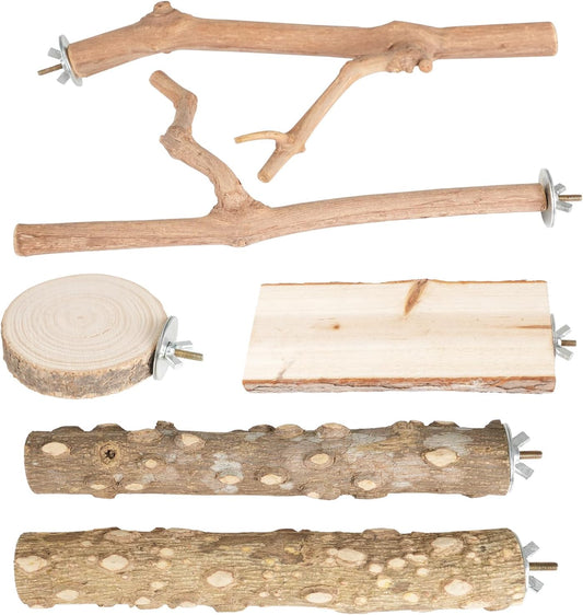Bird Perches, 6PCS Natural Wood Birds Perch Stand Set, Parakeet Toys, Bird Cage Accessories, Stand & Toys for Parakeets, Cockatiels, Conure, Budgies