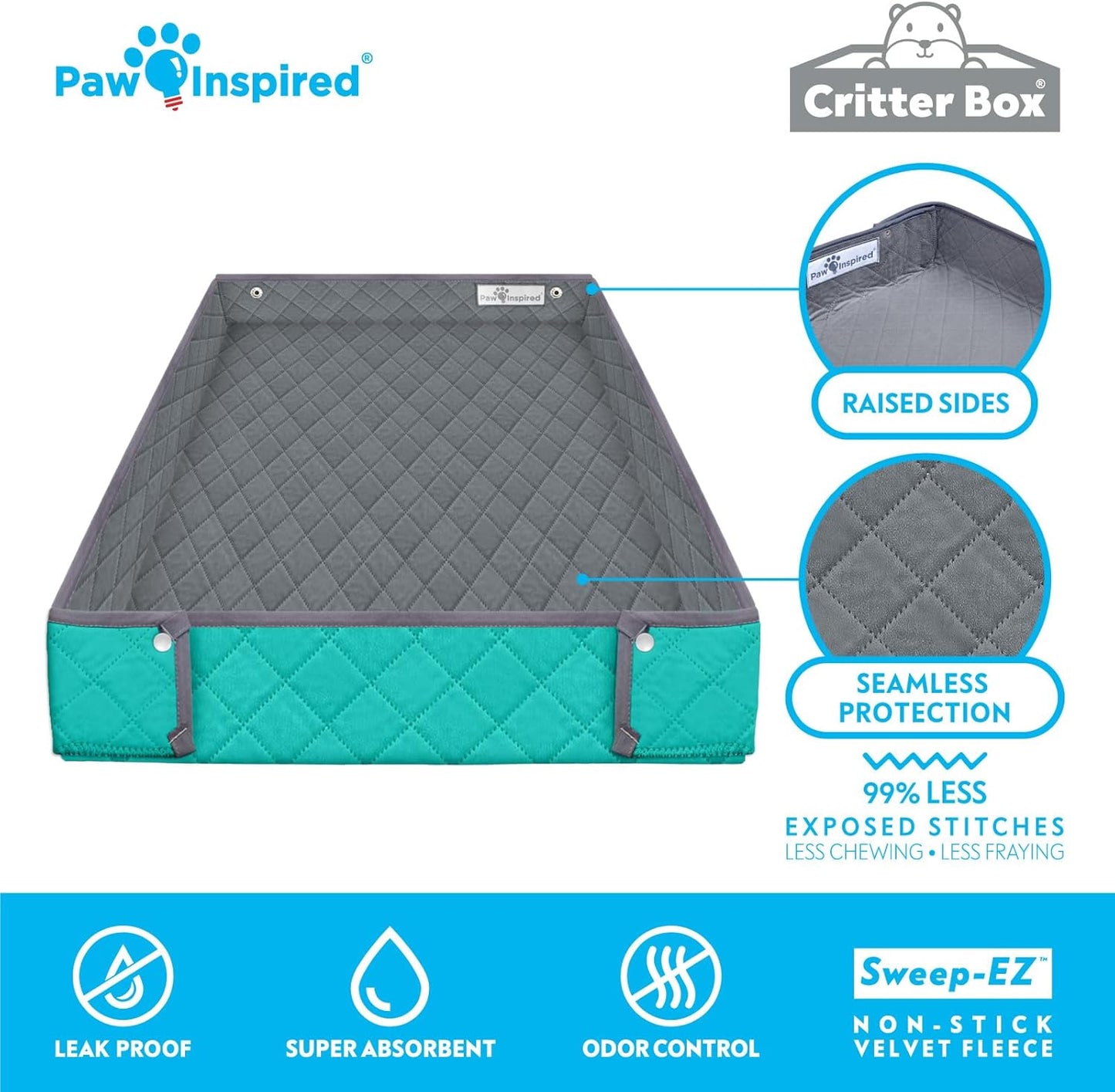 Paw Inspired Critter Box Washable Cage Liner, Reversible Fleece Bedding with Raised Sides for Guinea Pigs and Other Small Animals (C&C 2x3 (14" Grids), Gray/Green)