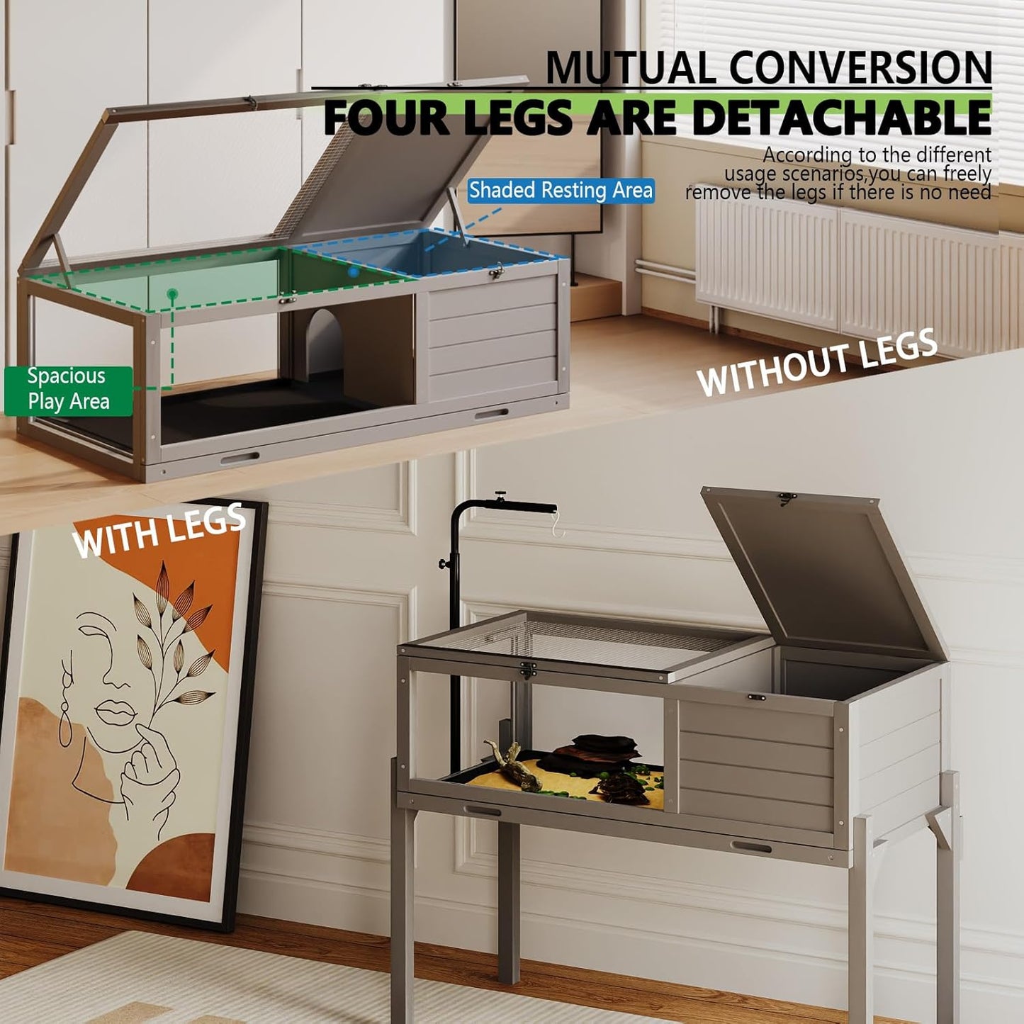 Tortoise Habitat with Adjustable Lamp Holder, Turtle Enclosure Indoor/Outdoor, Wooden House for Small Animals, Large Reptile Terrarium Table with Detachable Legs (New Gray)