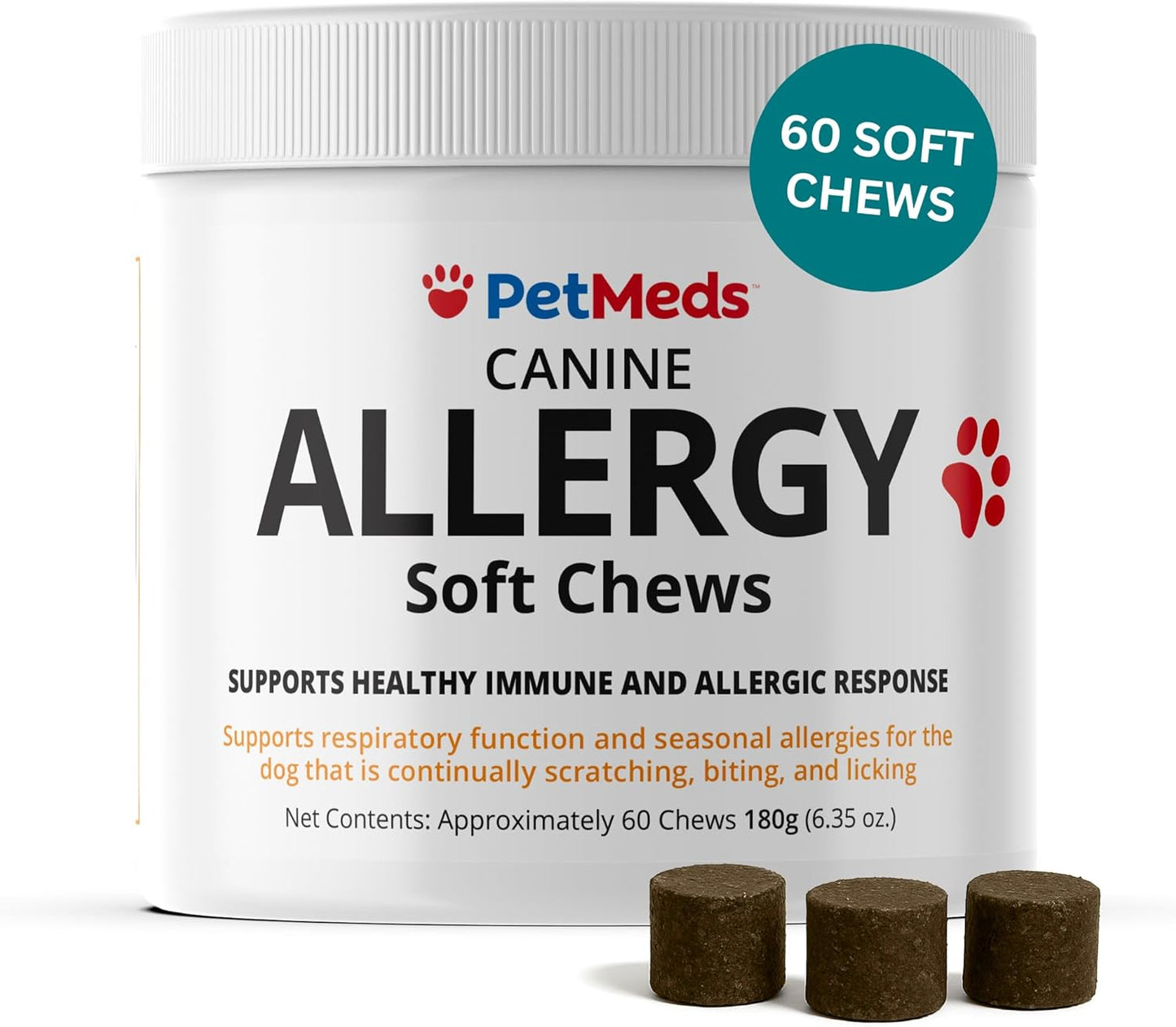 PetMeds Allergy Supplement for Dogs - Vitamins for Allergy Relief with Postbiotics, Colostrum, Quercetin & Turmeric for Dogs Itchy Skin & Scratching - Beef & Sweet Potato Flavor - 60 Soft Chews