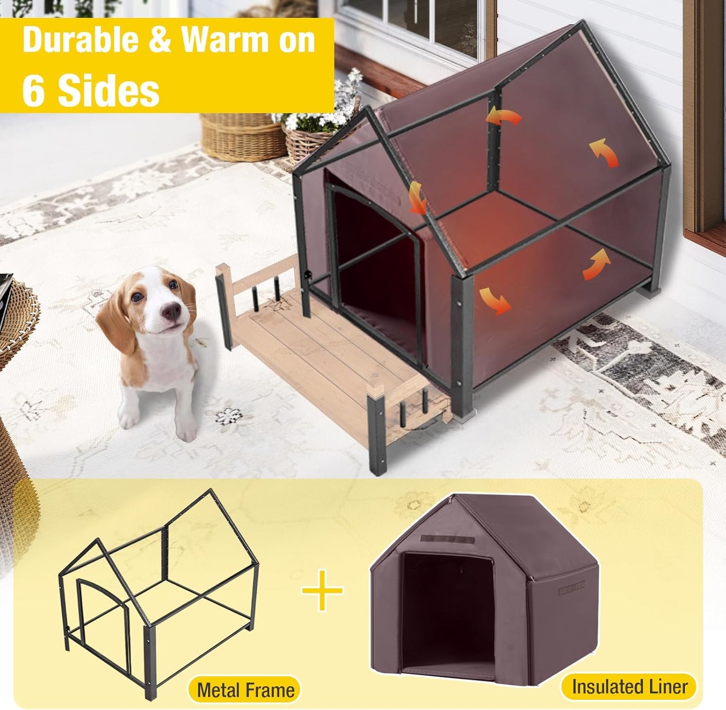 Outdoor Dog House with All-Around Insulated Liner Weatherproof Puppy Shelter Indoor Dog Kennel, Anti-Bite Dog Home for Large Breed with Porch (Brown (Liner), Medium)