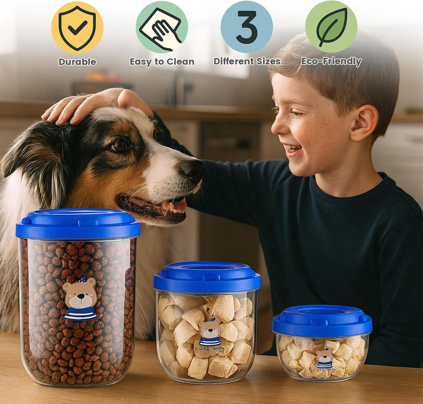 3PCS Dog Food Storage Container Set – Airtight Dog Food Container, Transparent Pet Food Storage Containers for Dog Treats, Cat Food Container, Blue, Multi-Size