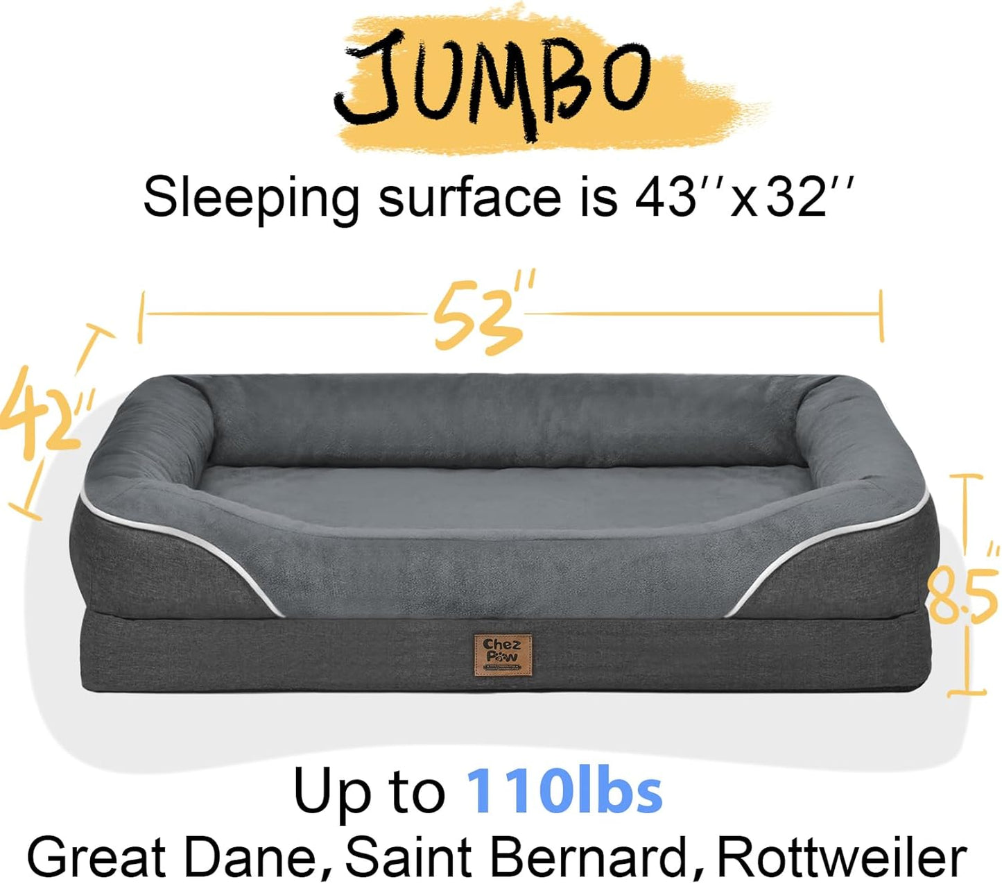 Washable Orthopedic Large Dog Bed - Removable Orthopedic Dog Beds XL with Bolster for Extra Large Dogs with Washable Cover and Non-Slip Bottom