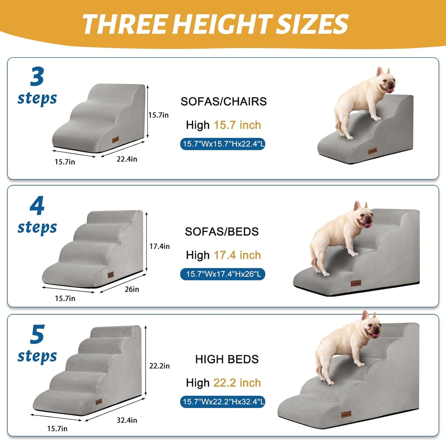 4-Step Dog Stairs and Ramp for Beds or Couches,Non-Slip Sturdy Pet Steps for Small Dogs and Cats,17.4" H,Light Grey