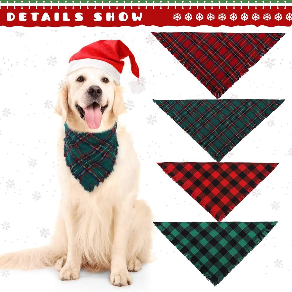 KOOLTAIL Christmas Plaid Dog Bandana 4 Pack - Classic Triangle Scarf Tassels Style Holiday for Dogs Cats Puppy