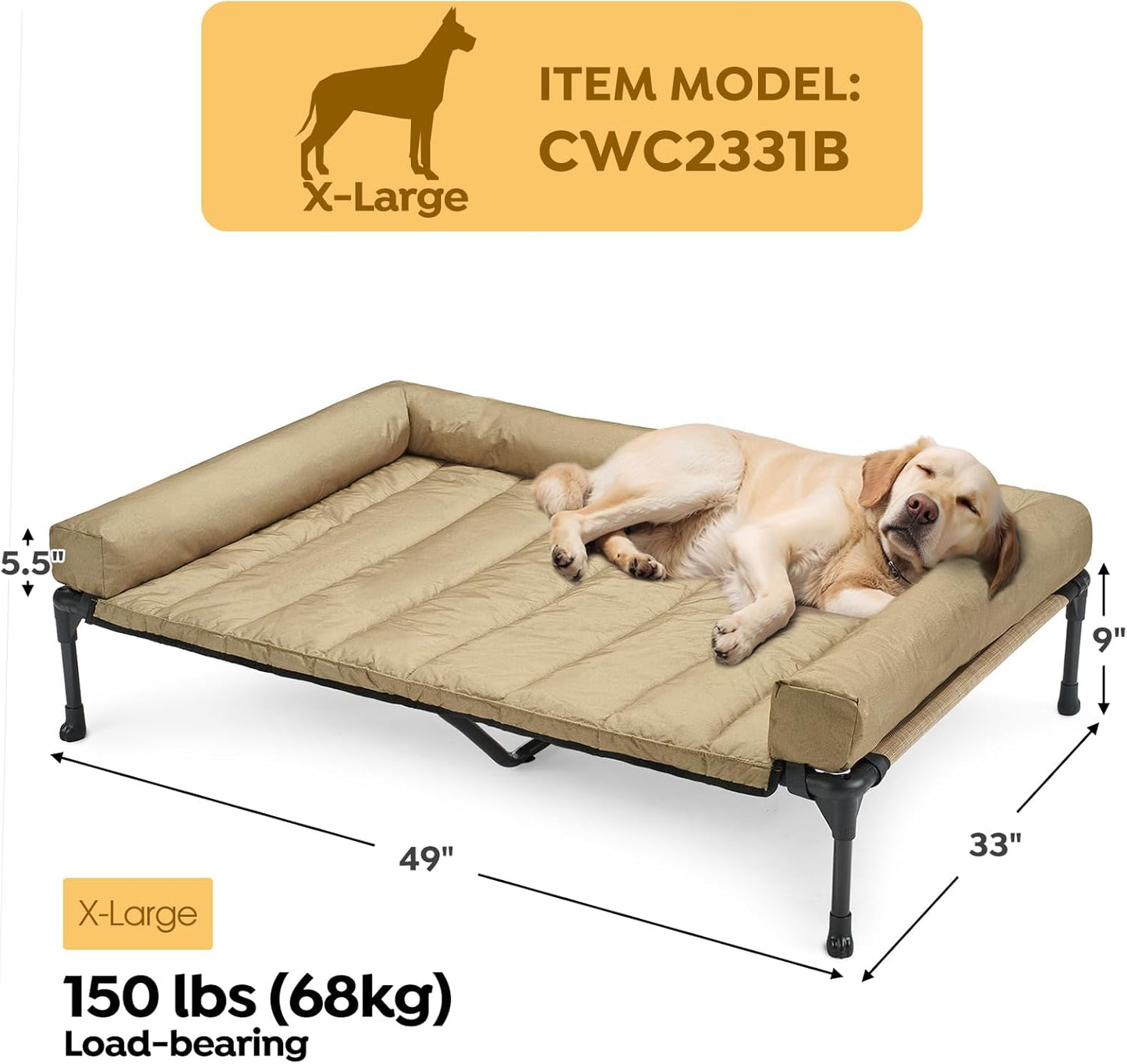 Veehoo Cooling Elevated Dog Bed Add Removable Waterproof Bolster Cushion Mat, Raised Pet Cot with Breathable Teslin Mesh, No-Slip Feet, Dog Couch Bed for Indoor Outdoor, 49x33inches, Beige, CWC2331B