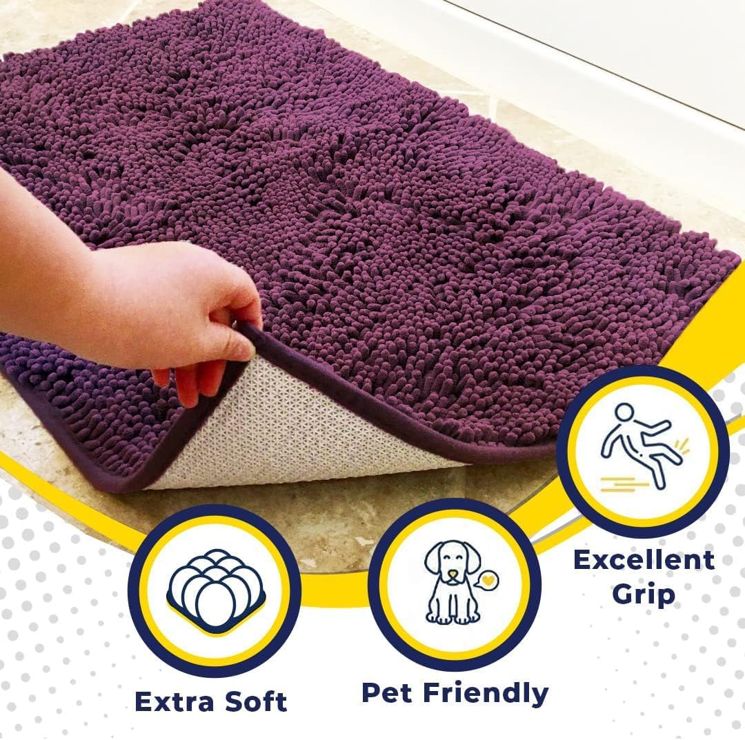 Muddy Mat® AS-SEEN-ON-TV Highly Absorbent Microfiber Door Mat and Pet Rug, Non Slip Thick Washable Area and Bath Mat Soft Chenille for Kitchen Bedroom Indoor and Outdoor - Dark Purple 24" x 120"