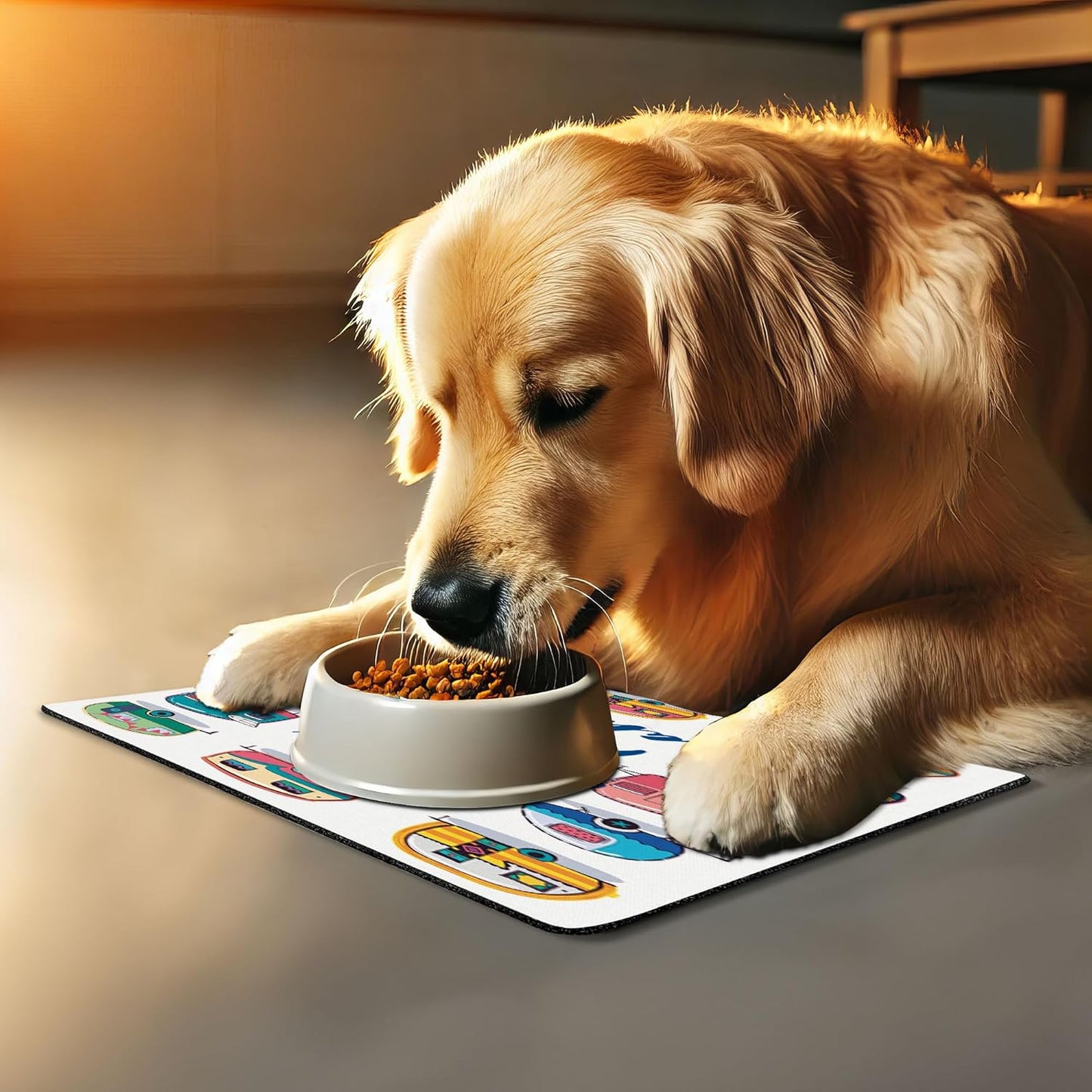 Lunarable Camper Pet Mat for Food and Water, You Make Me Happy Motivational Words Caravans Retro Style Travel Graphic Print, Non-Slip Rubber Mat for Dogs and Cats, 18" X 12", Indigo Yellow