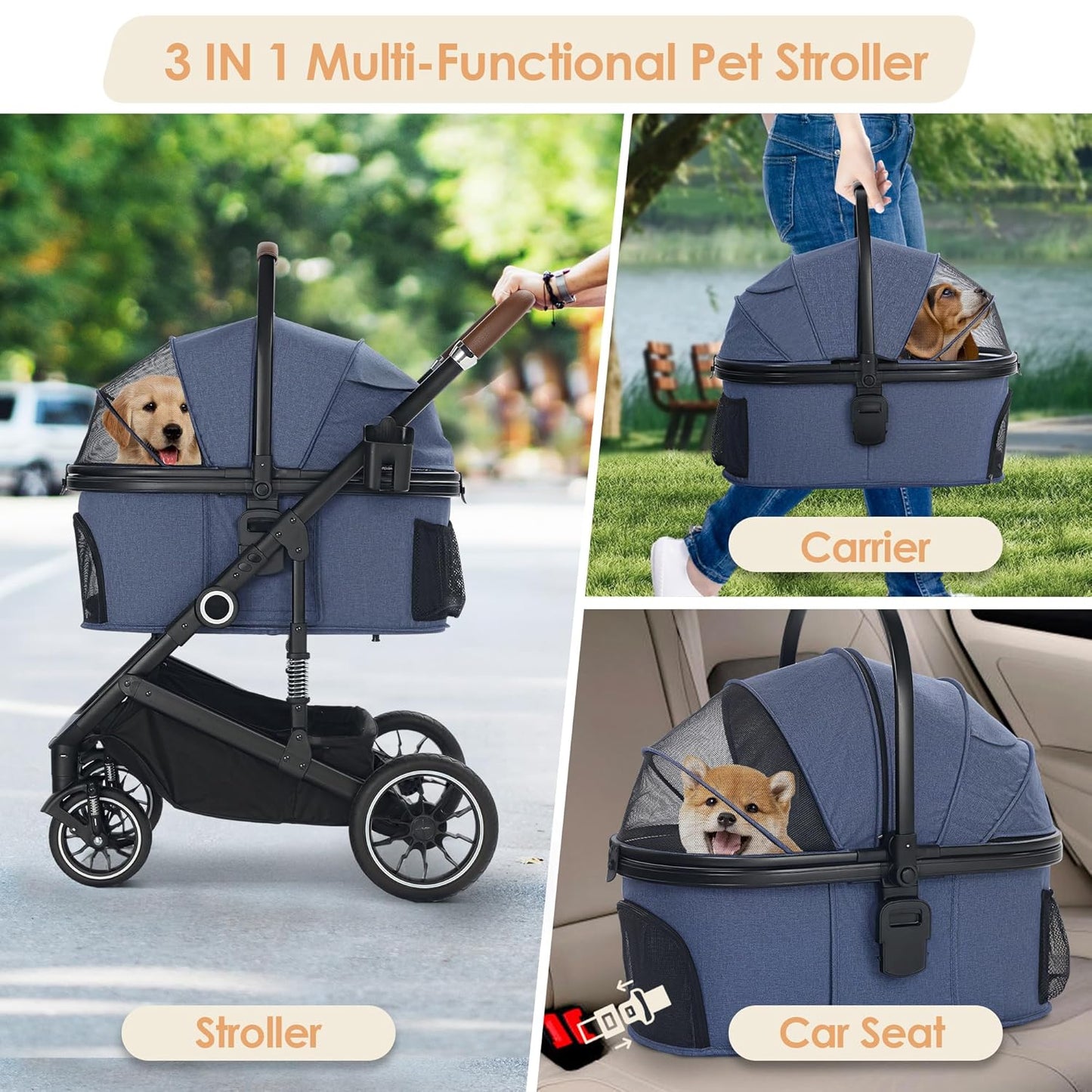 Pet Stroller with 4 Wheels, 3 in 1 Folding Puppy Strollers for Small/Medium Dogs Cats up to 50lbs, Lightweight Pet Travel Carrier with Detachable Cushion, Storage Basket and Cup Holder, Blue