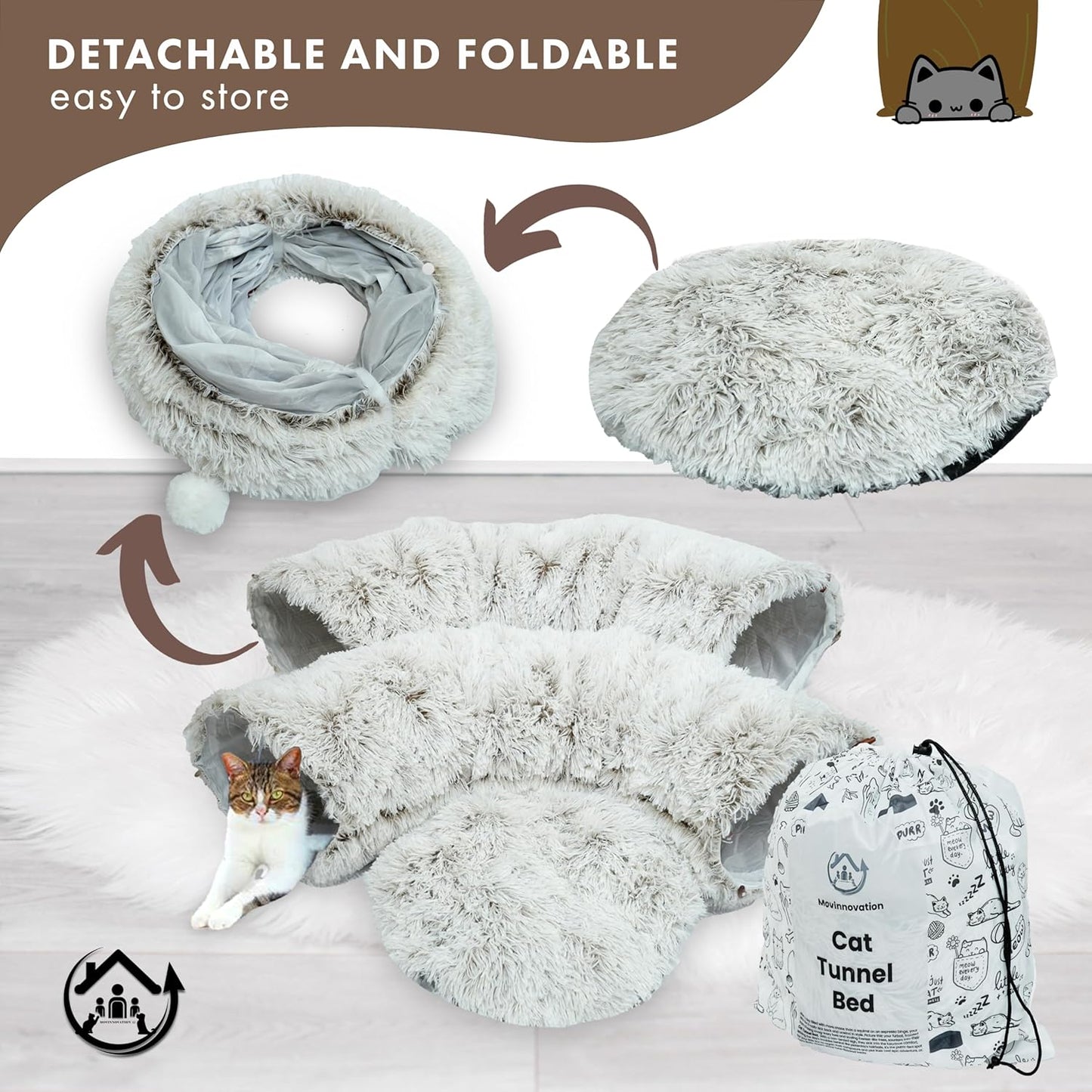 Large Cat Tunnel Bed for Indoor Cats Warm Fluffy Plush Cat Cave Tunnel Bed Collapsible, Washable, 3 Way and Multifunctional with Dangling Balls for Cats, Kittens and Rabbits- Brown