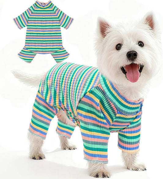BAEJMJK Striped Dog Pajamas Stretchy Cute Four-Legged Boy Girl Dog Clothes with Sleeves Comfortable Dogs Jumpsuit Colorful Pet Puppy Outfits Apparel for Small Medium Dogs Cats(Green,XX-Large)