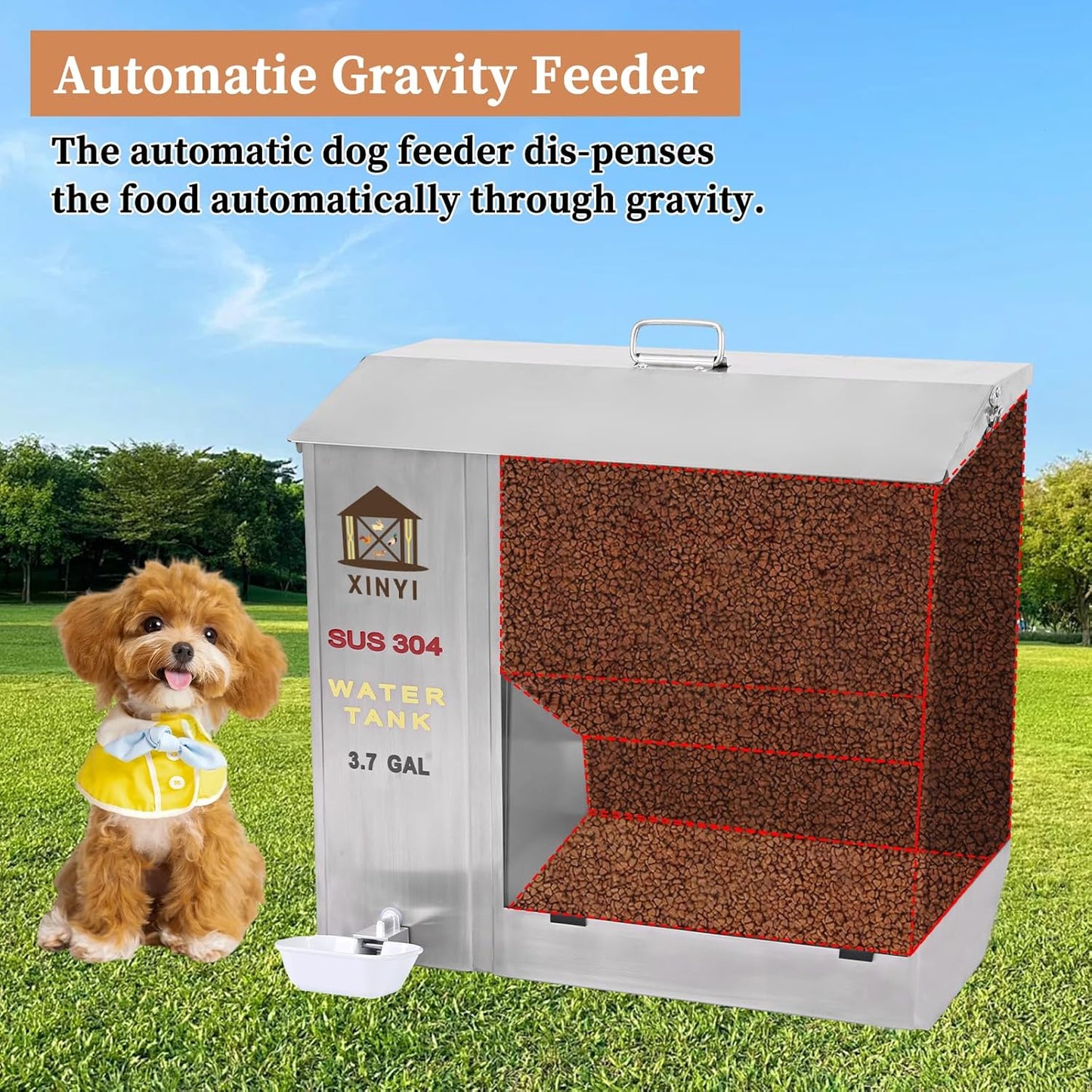XINYI Automatic Dog Feeder and Waterer 2-in-1,SU304 Stainless Steels 3.7 Gallon Water Tank with 1 Aluminum Alloy Water Cup, 7.4 Gallon Dog Food Dispenser,Automatic Feeder for Pets, Breed, Cat
