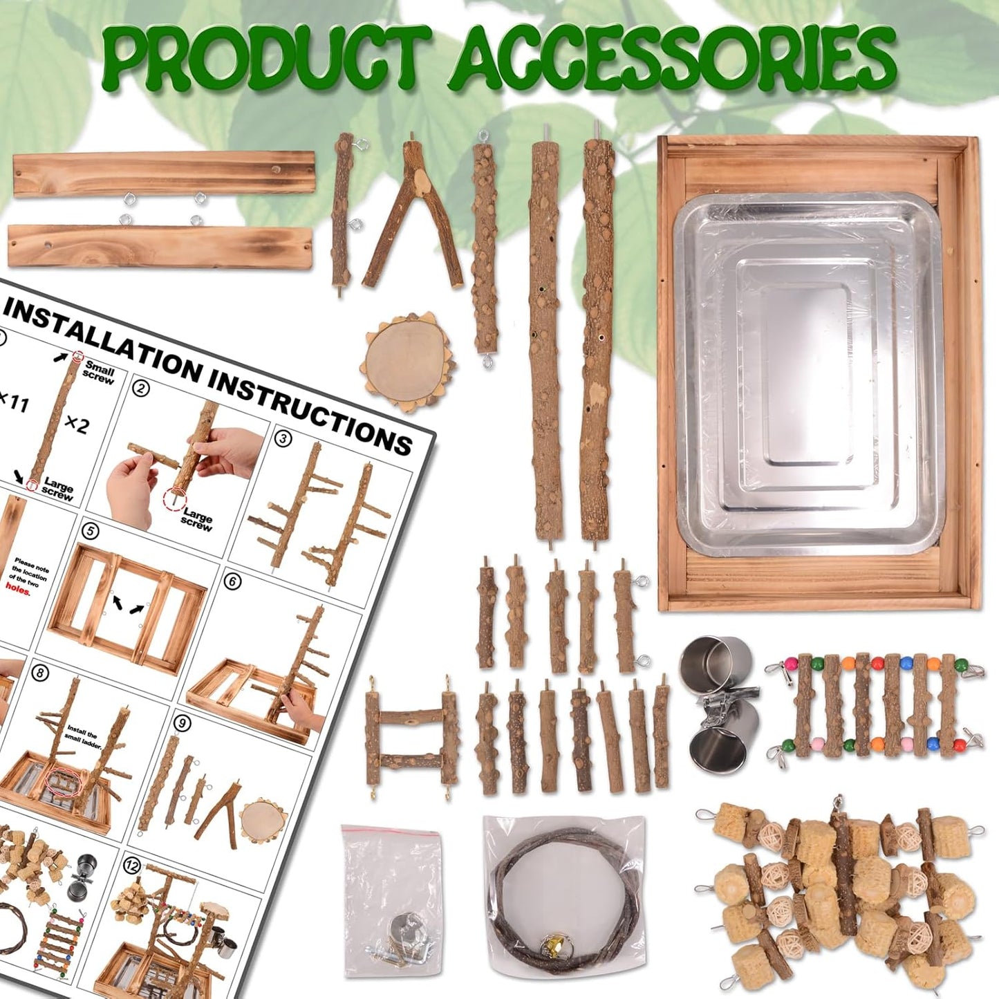 Bird Playground - Natural Wood Bird Perch Stand with Removable Tray and 2 Stainless Steel Cups