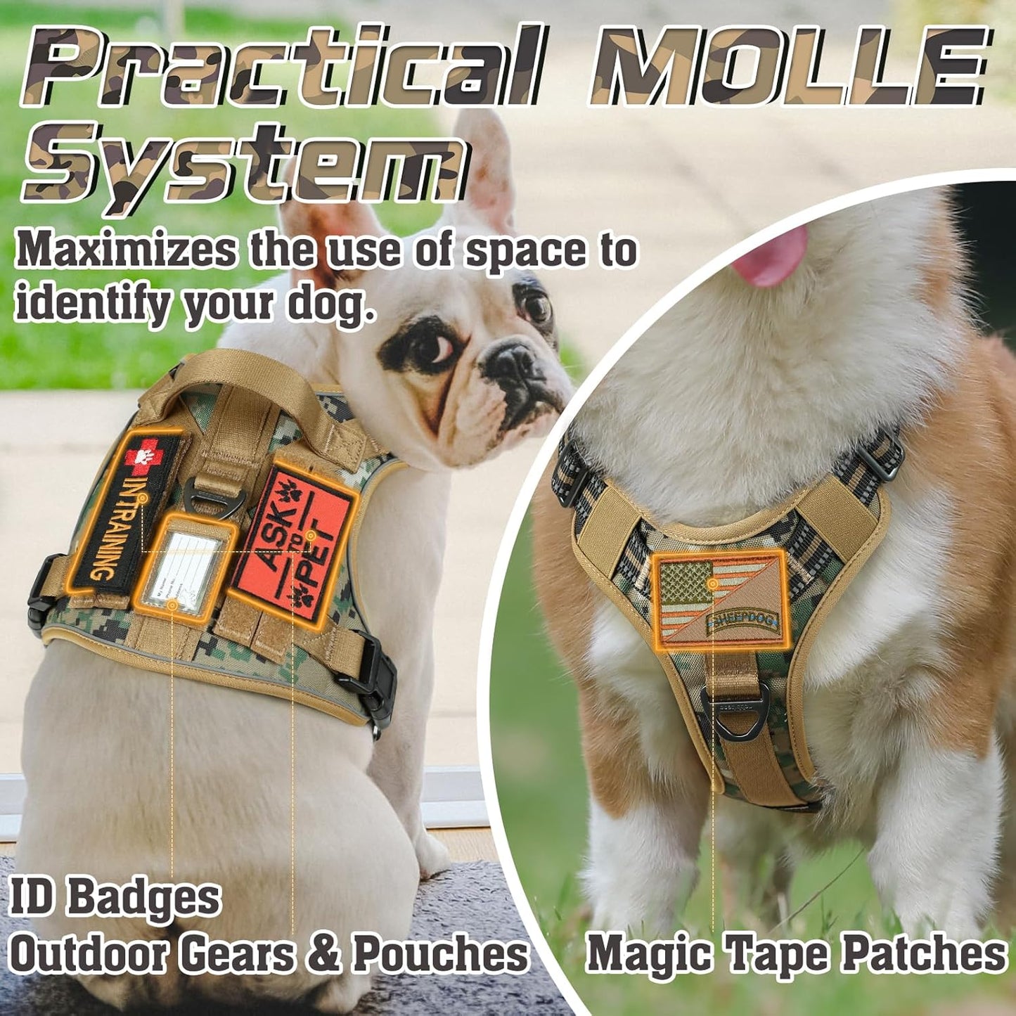 rabbitgoo Tactical Dog Harness for Small Dogs, No Pull Military Service Vest with Handle & Molle, Easy Control for Training Walking, Adjustable Reflective Straps, Brown camo, S