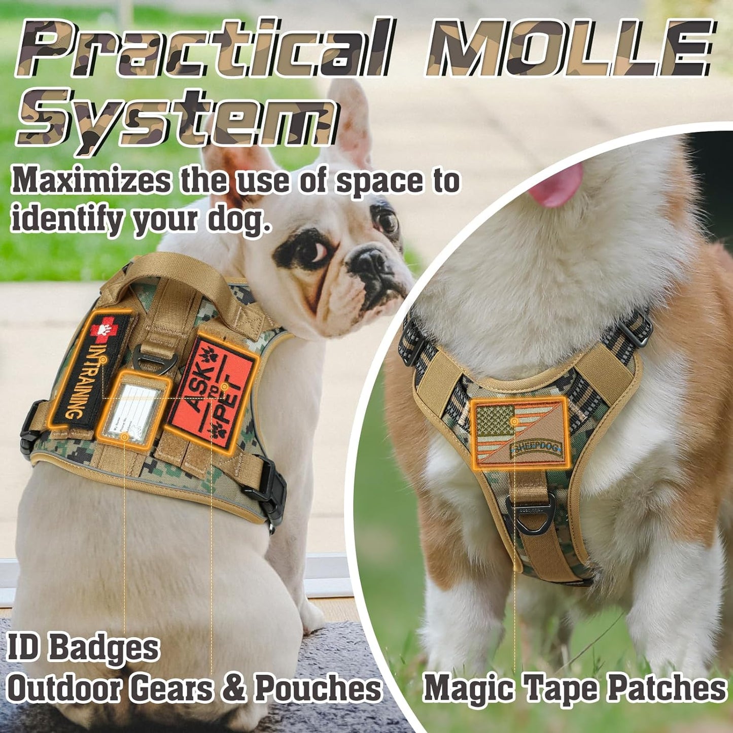 rabbitgoo Tactical Dog Harness for Large Dogs, No Pull Military Service Vest with Handle & Molle, Easy Control for Training Walking, Adjustable Reflective Straps, Brown camo, XL