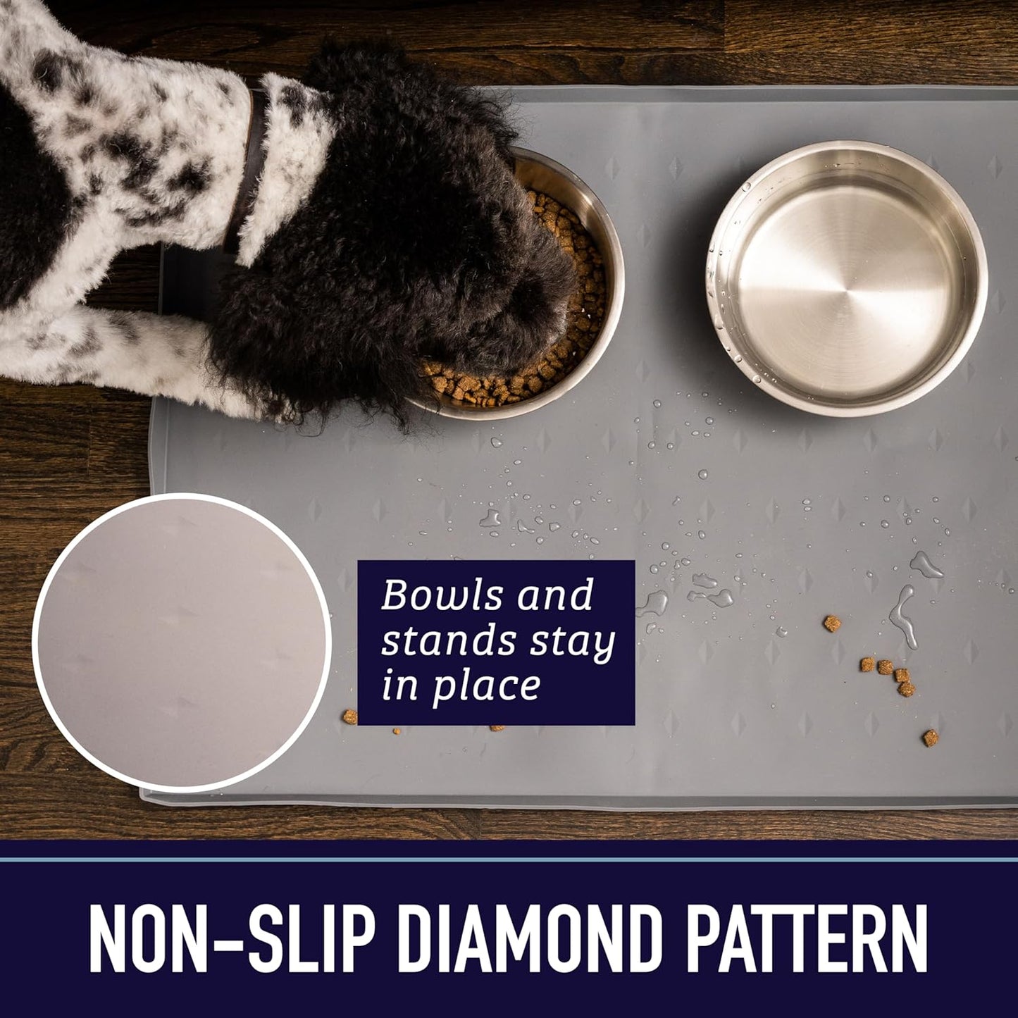 Leash Boss Dog Food Mat for Food and Water Bowls, Waterproof Silicone Pet Feeding Mat for Floors, Extra Tall Raised Edges, Cat and Dog Placemat for Floors, Dishwasher Safe (Small: 18"x11" - Navy)