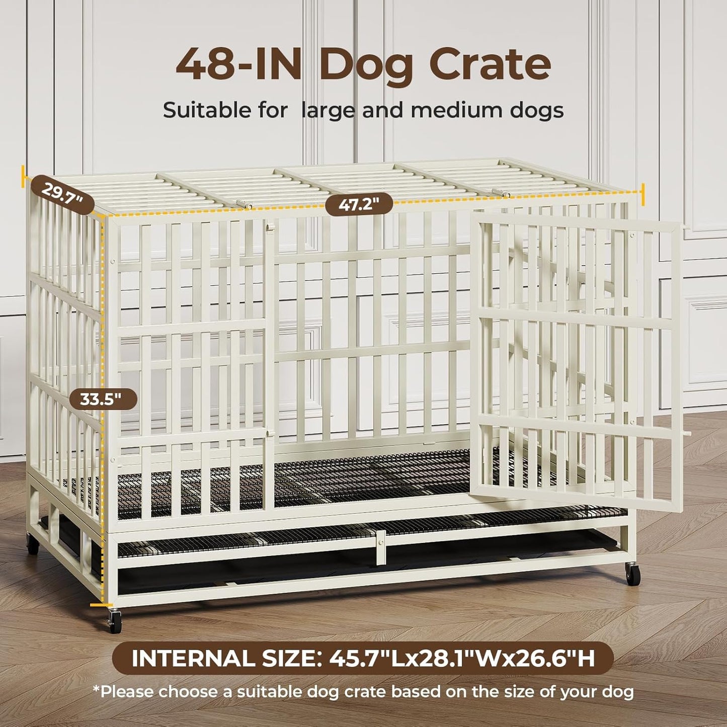 48 Inch Heavy Duty Dog Crate Steel Escape Proof, Indoor Double Door High Anxiety Cage Removable Tray, Extra Large,White