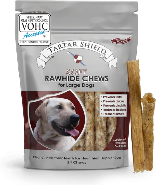 Tartar Shield Soft Rawhide Chews | Safe Dental Treats for Large Dogs | Vet VOHC Approved | Daily Bone Cleans Teeth & Gums Fresh Breath Oral Health Support | USA Made | (Large Dogs / 24 Count)