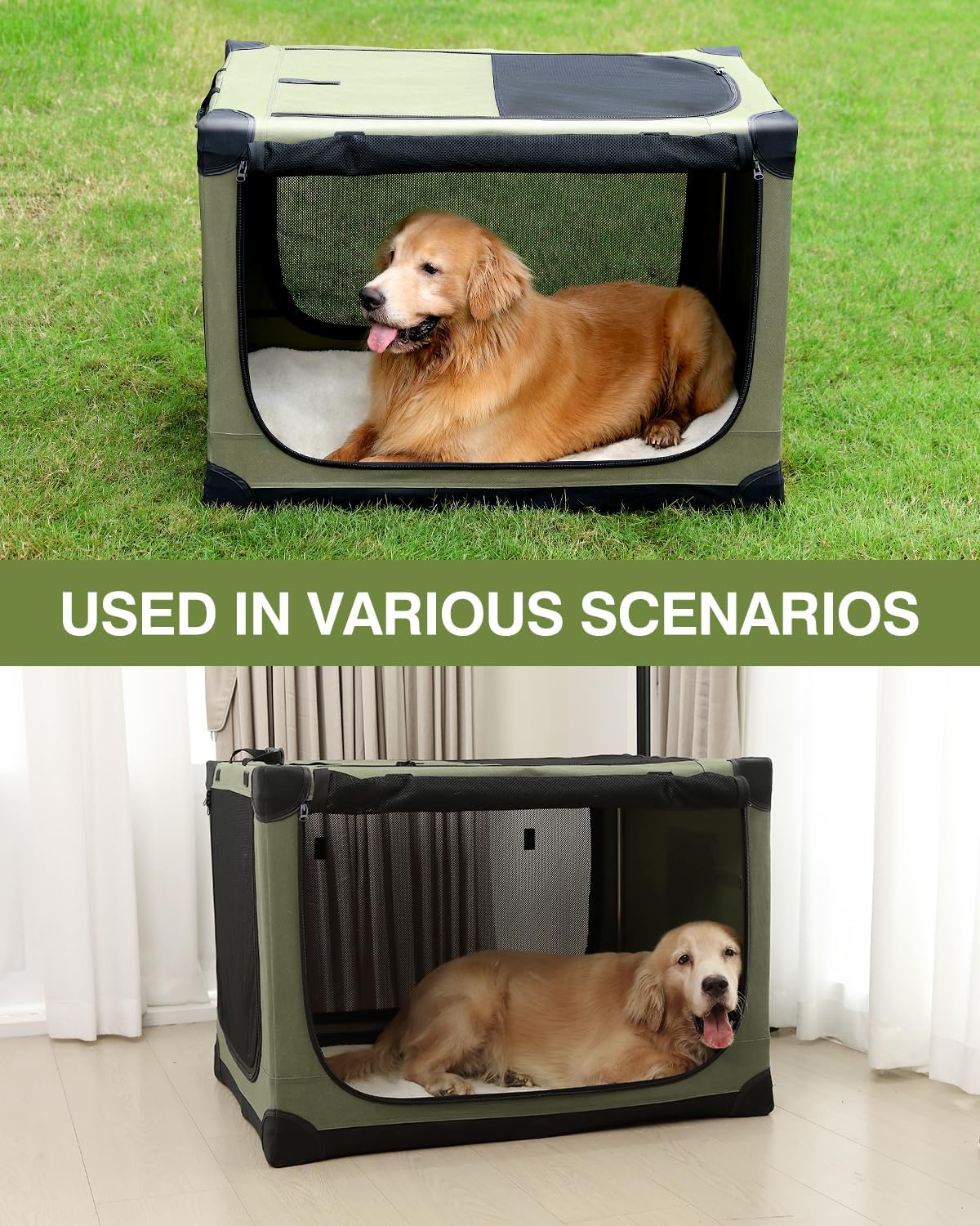 42-Inch Collapsible Travel Dog Crate, Portable 4-Door Soft Kennel for Medium to Large Dogs, Durable Mesh Windows, Indoor/Outdoor Use, Foldable, with Storage Bag (Green)